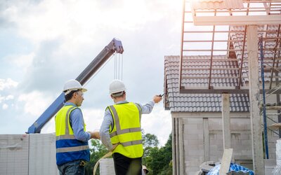 zwei Baufachleute vor Neubauten